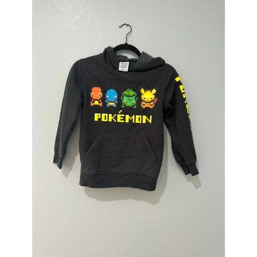 Pokemon Kids Small Pixel Art Hoodie Charcoal Grey Pikachu Charmander 2021
